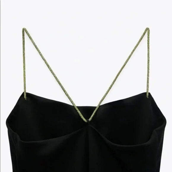 Zara Black Cowl Neck Mini Dress w/ Green Diamante Rhinestone Straps Sz Small - Picture 5 of 16